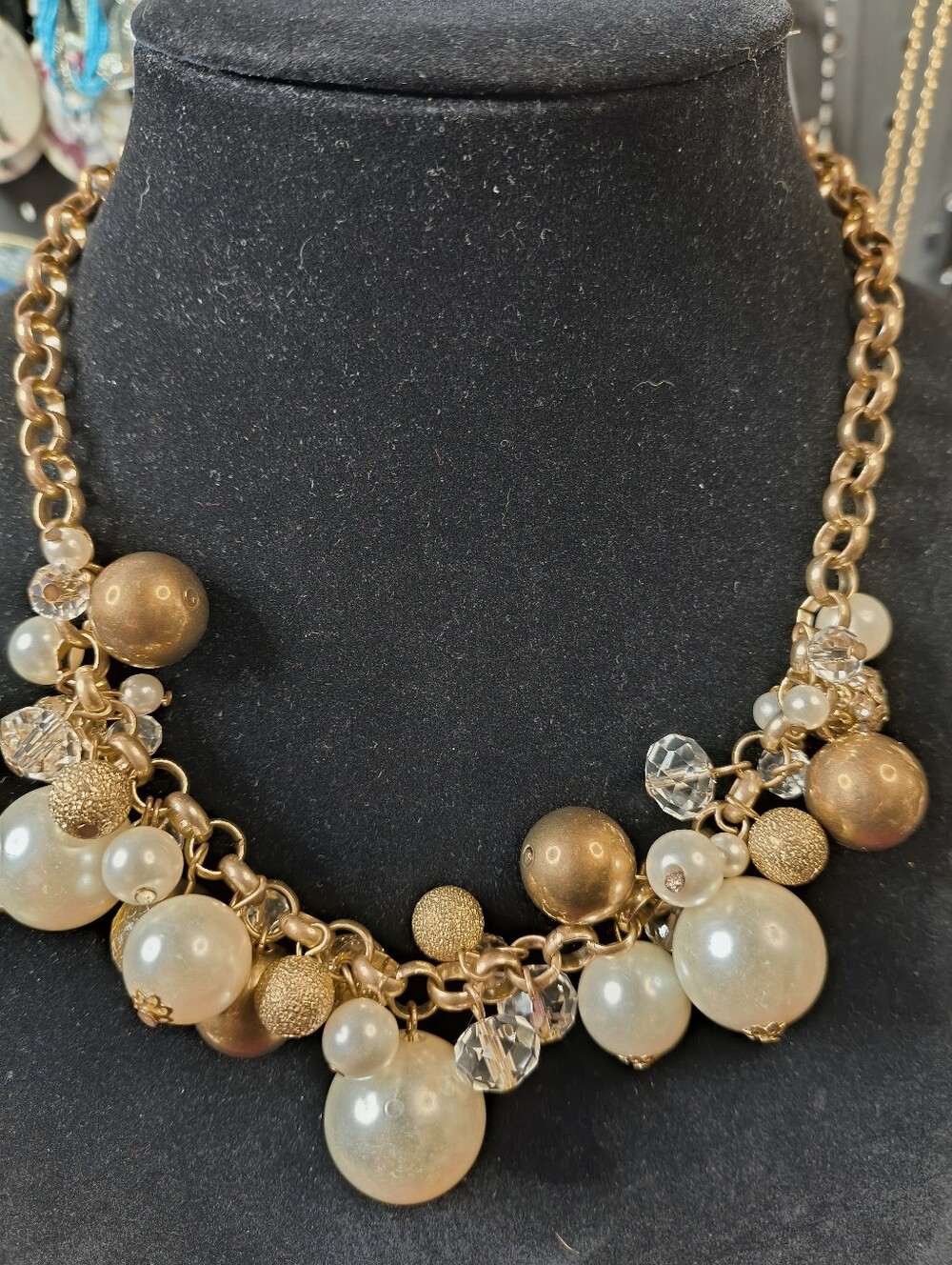 Vintage Gold Tone Faux Pearl Crystal Charm Statement Necklace Chunky 16 In+3 In.